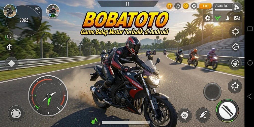 Tangkapan layar gameplay BOBATOTO saat balapan motor di trek yang menantang.