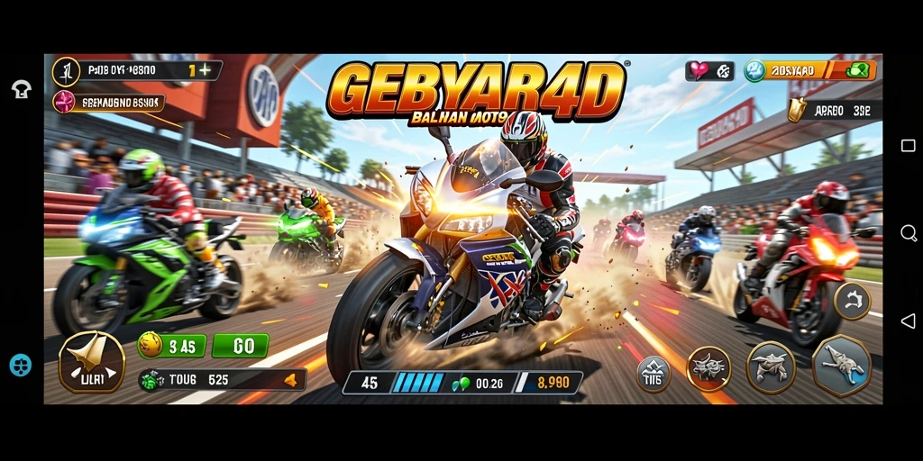 Tampilan gameplay seru GEBYAR4D dalam balapan motor.
