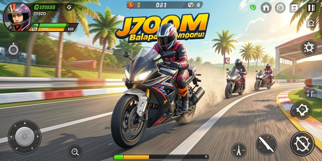 Screenshot J200M menampilkan balapan motor yang intens dan menegangkan.