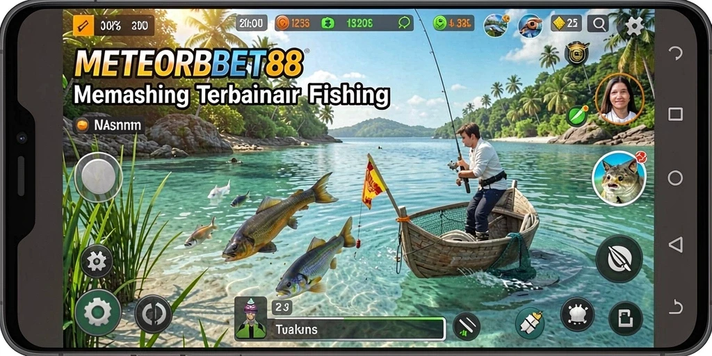 Tampilan gameplay METEORBET88 yang menarik saat memancing ikan di laut.