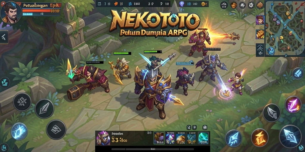 Screenshot gameplay NEKOTOTO menampilkan pertarungan seru di dunia fantasi.