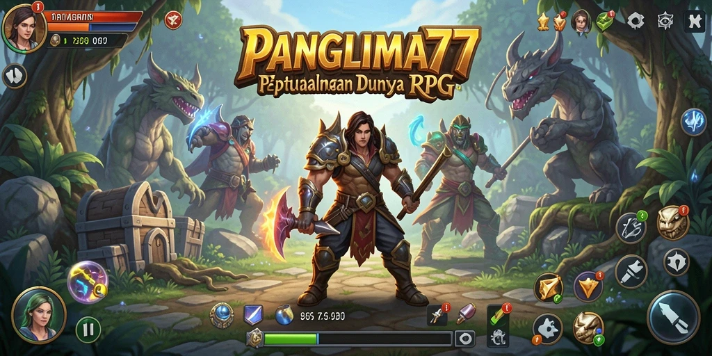 Screenshot gameplay utama PANGLIMA77 yang menunjukkan pertempuran seru dan eksplorasi dunia RPG.