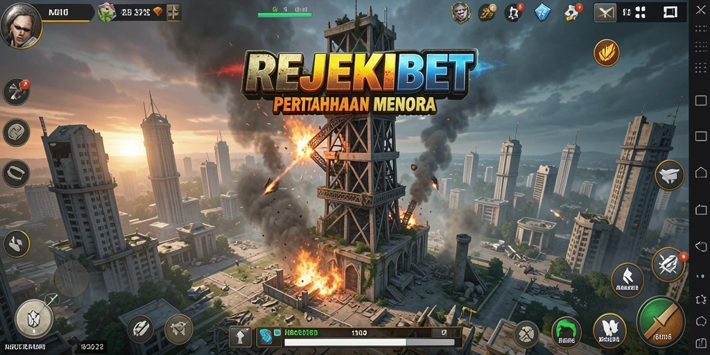 Screenshot gameplay REJEKIBET dengan menara dan musuh yang menegangkan.